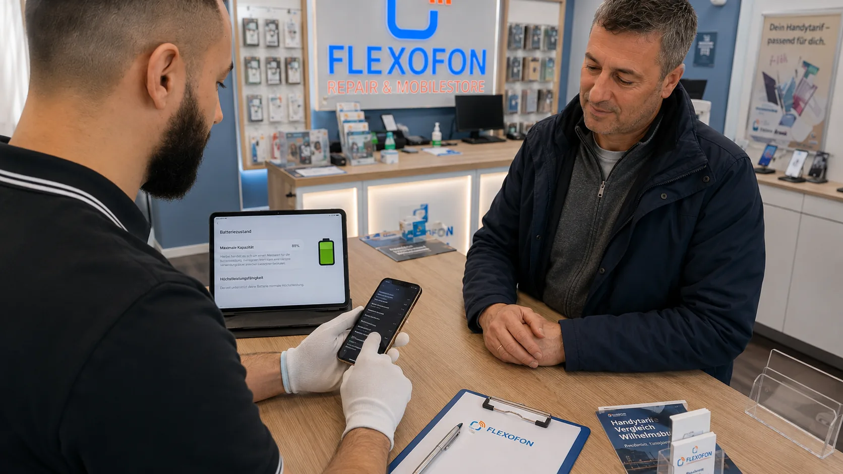 Flexofon Wilhelmsburg prüft den Akkuzustand eines gebrauchten Smartphones