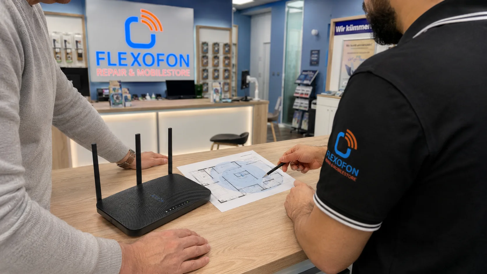 Flexofon Wilhelmsburg Techniker prüft ein Smartphone zum Thema erstes Smartphone für Kinder