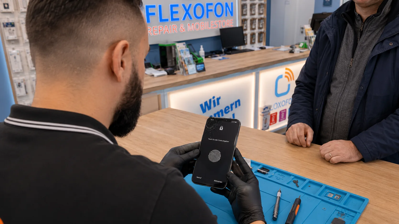 Flexofon Wilhelmsburg Techniker prüft ein Smartphone zum Thema Face ID funktioniert nach Sturz nicht