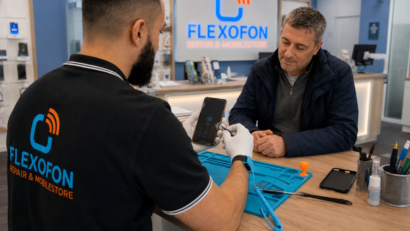 Flexofon Wilhelmsburg Techniker prüft ein Smartphone zum Thema Handy Display schwarz trotz Vibration