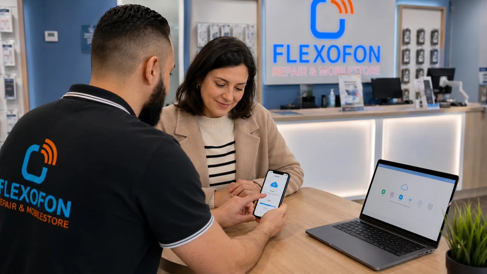 Flexofon Wilhelmsburg hilft einer Kundin beim Backup ihrer Smartphone-Fotos