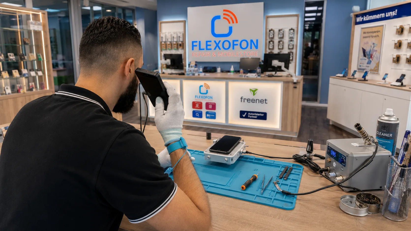 Flexofon Wilhelmsburg Techniker prüft ein Smartphone zum Thema Handy hängt beim Startlogo
