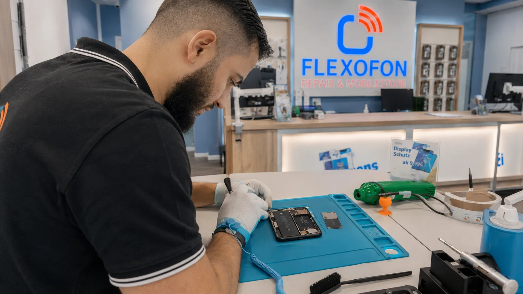 Flexofon Wilhelmsburg Techniker prüft ein Smartphone zum Thema Handy Kamera fokussiert nicht