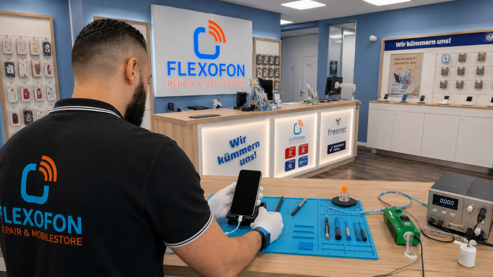 Flexofon Wilhelmsburg Techniker prüft ein Smartphone zum Thema Handy Lautsprecher zu leise