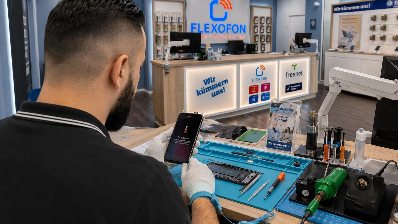 Flexofon Wilhelmsburg Techniker prüft ein Smartphone zum Thema Handy Mikrofon funktioniert nicht