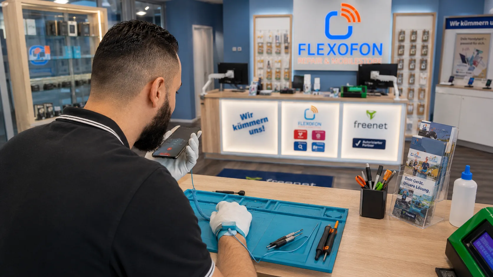 Flexofon Wilhelmsburg Techniker prüft ein Smartphone zum Thema Handy Update fehlgeschlagen