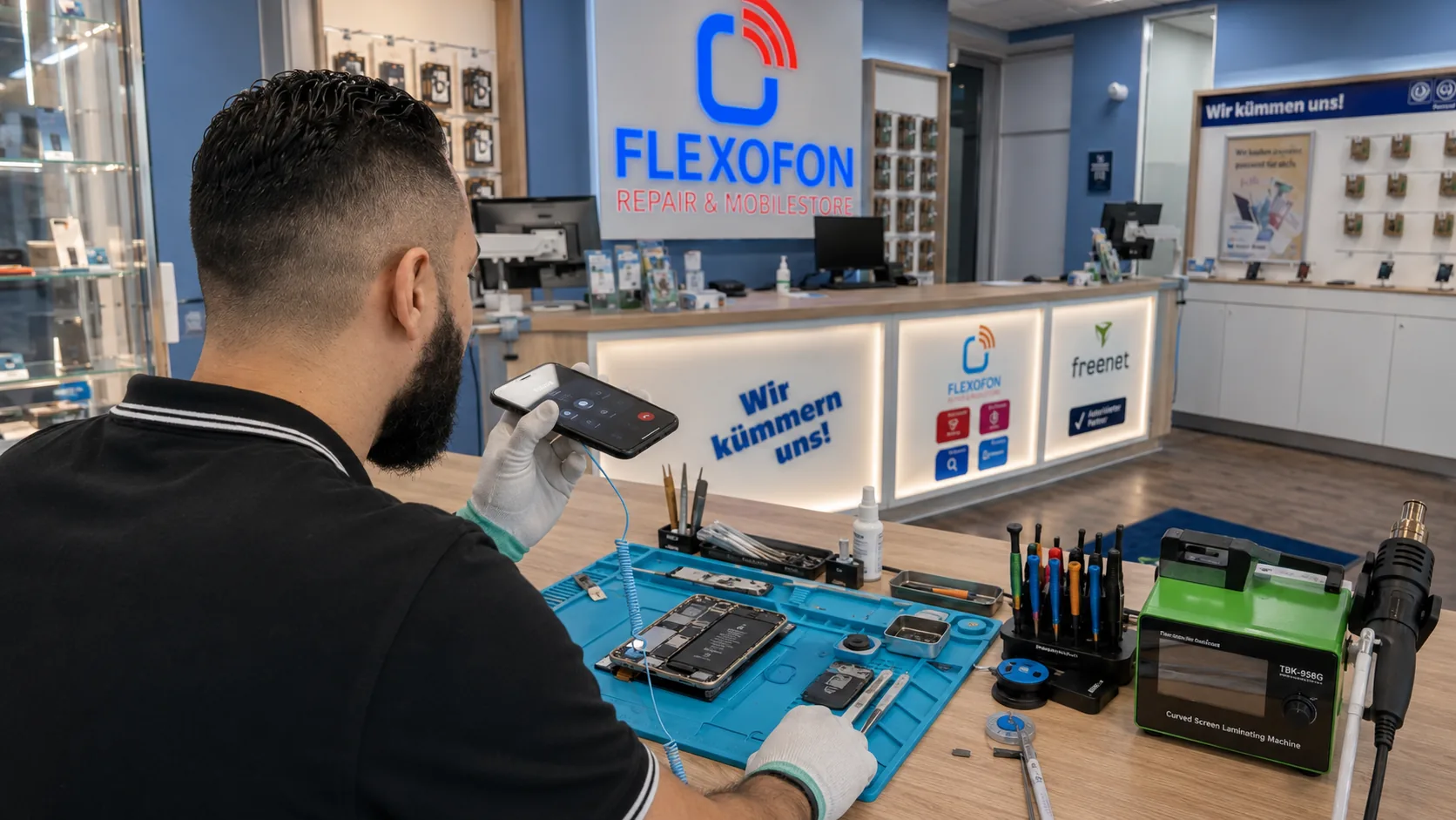 Flexofon Wilhelmsburg Techniker prüft ein Smartphone zum Thema Handy wird heiß ohne Nutzung