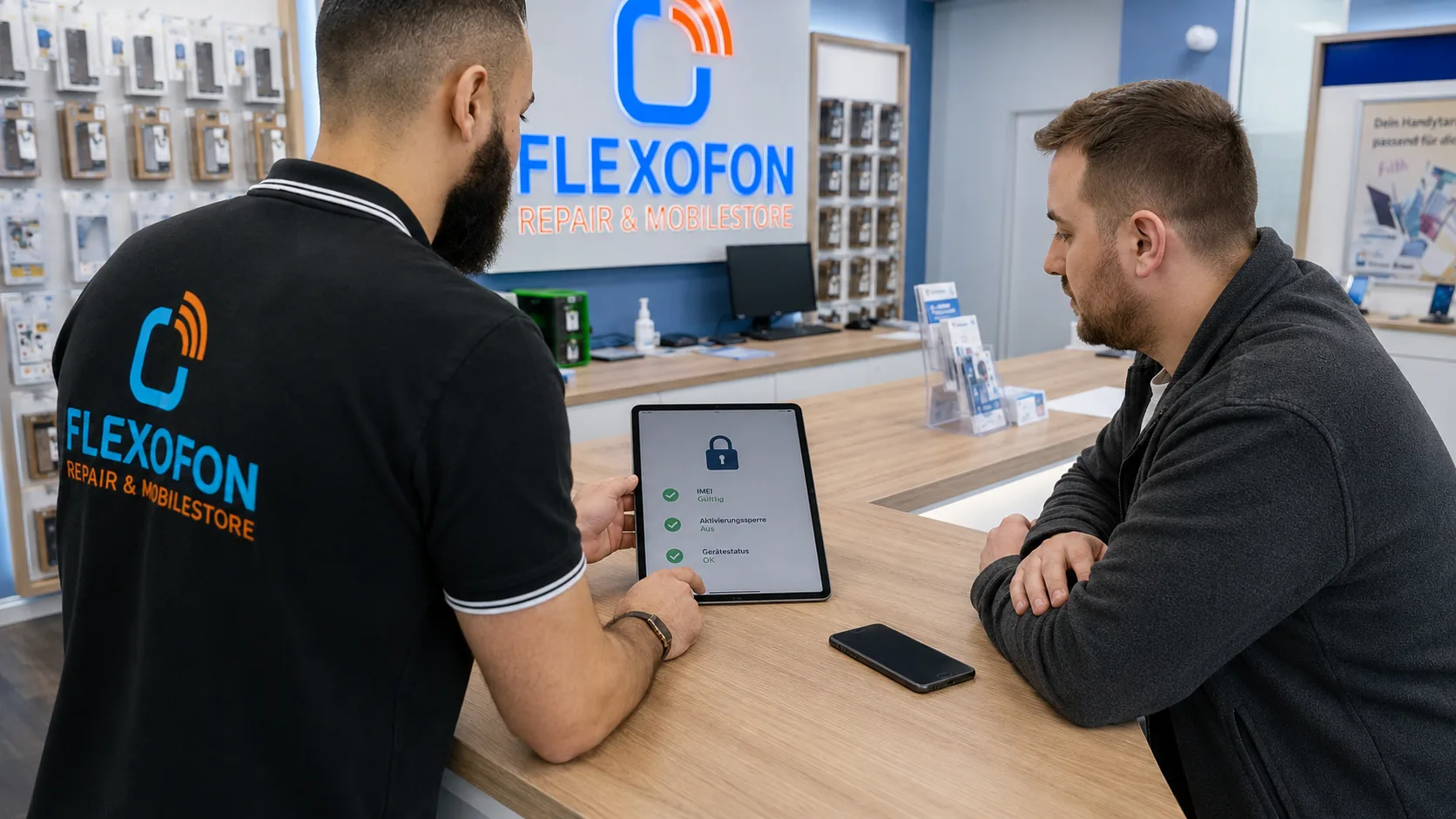 Flexofon Wilhelmsburg kontrolliert IMEI und Aktivierungssperre eines gebrauchten Handys