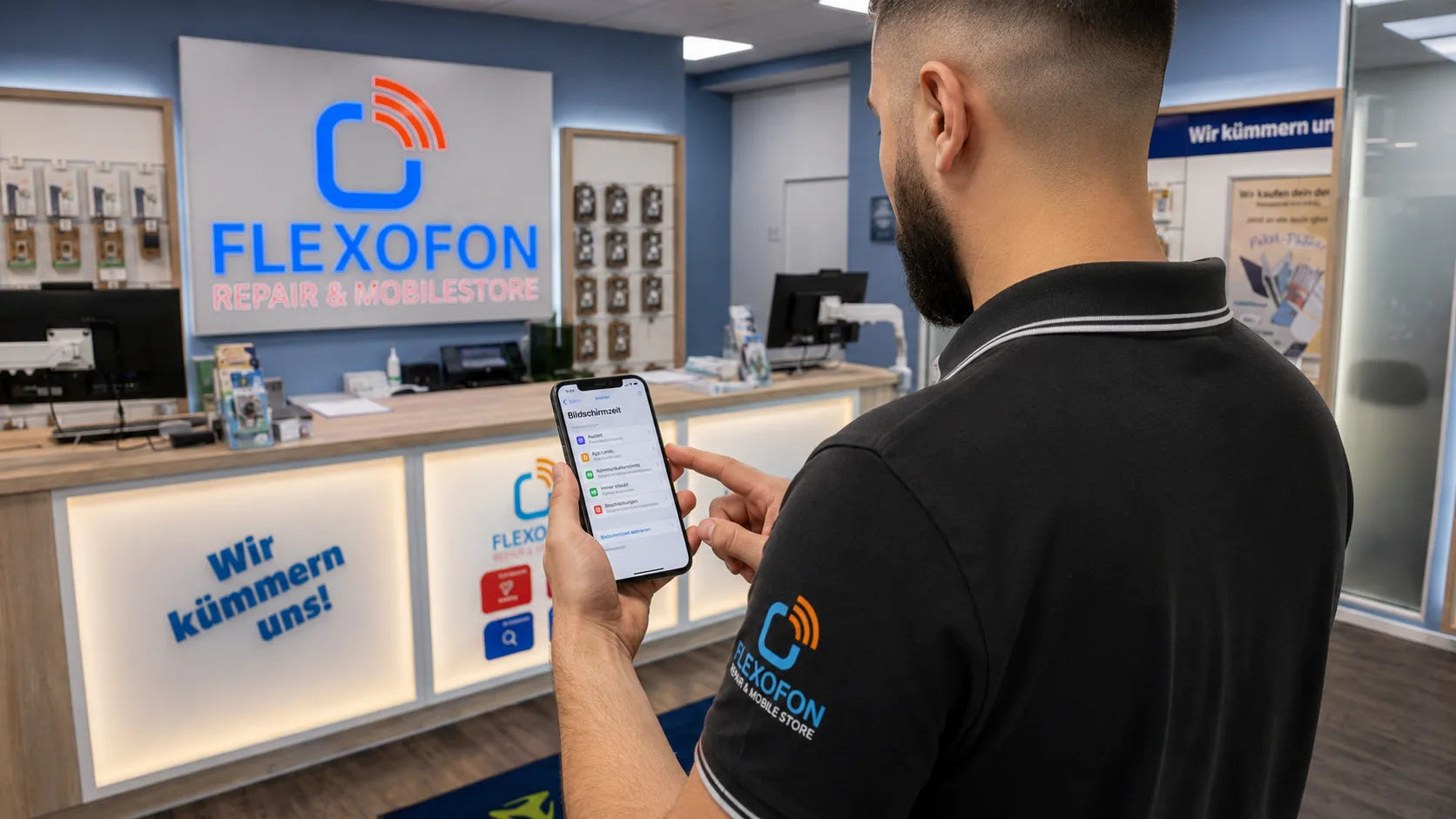 Flexofon Wilhelmsburg Techniker prüft ein Smartphone zum Thema Kindersicherung iPhone Android
