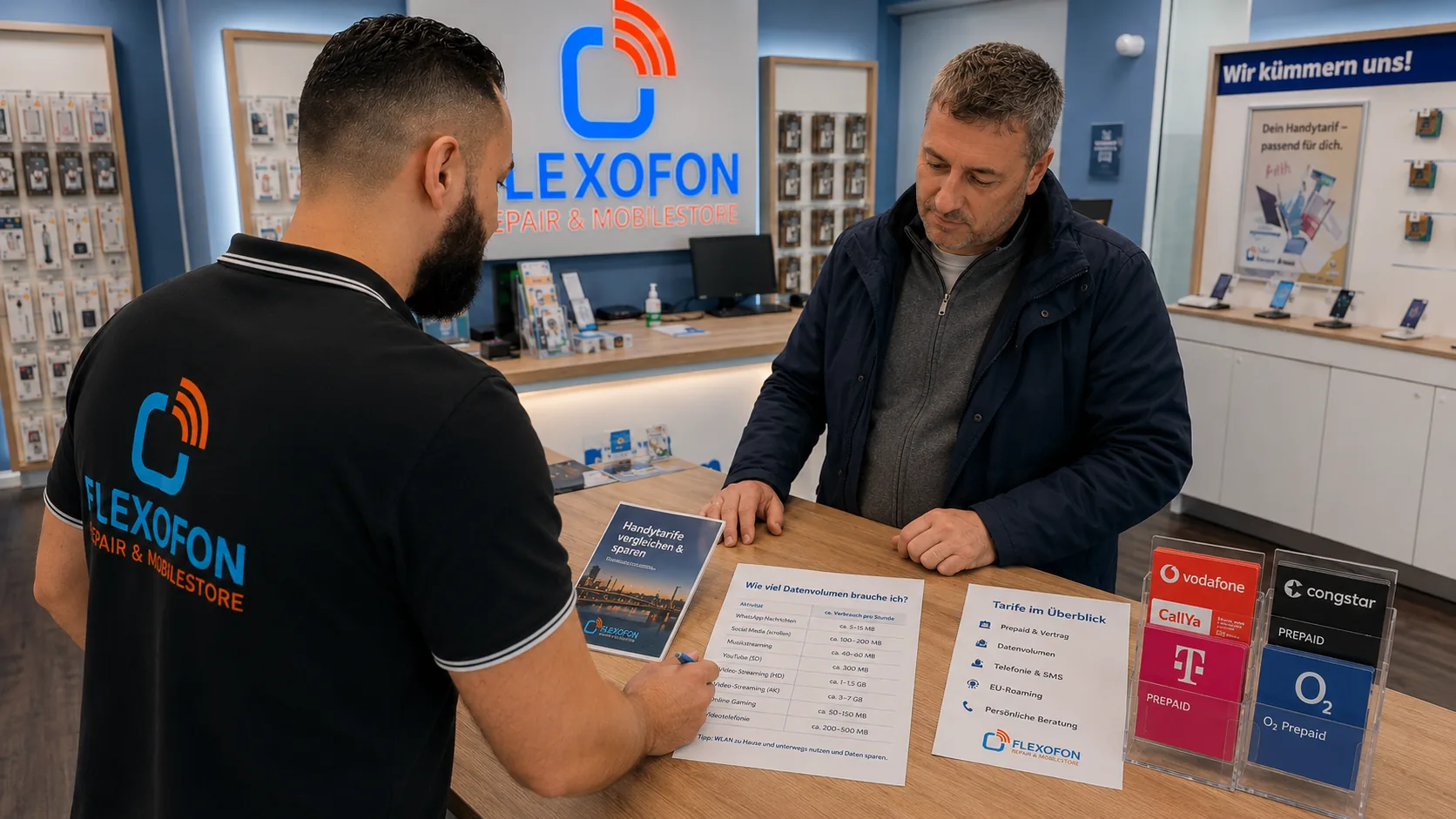 Flexofon Wilhelmsburg Tarifberatung zu SIM-only oder Handyvertrag mit Smartphone am Verkaufstresen
